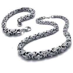 Parure chaine & bracelet homme acier inoxydable maille byzantine bling