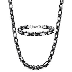 Parure Chaine et Bracelet Homme Maille Byzantine en Acier Noir Bicolore Bling-Bling - Diamètre au Choix