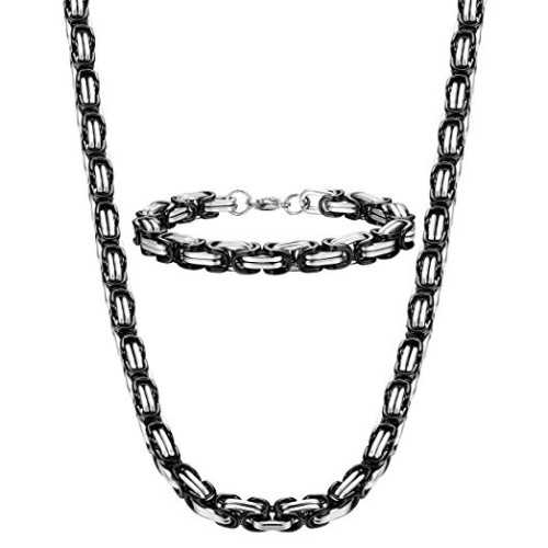 Parure Chaine et Bracelet Homme Maille Byzantine en Acier Noir Bicolore Bling-Bling - Diamètre au Choix