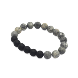 Men's Bracelet Gray Agate Beads and Mate Black Onyx Beads...