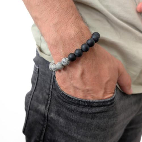 Men's Bracelet Gray Agate Beads and Mate Black Onyx Beads - 18 to 20 cm