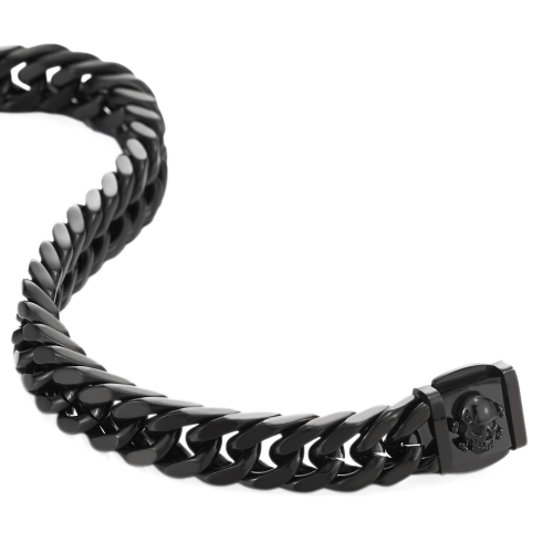 Gourmette man with stainless steel death head clasp with black Cuban mesh