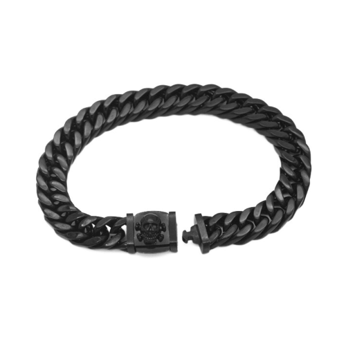 Gourmette Mann mit Verschluss Todeskopf Edelstahl Biker Armband Kubanische Mesh Schwarz