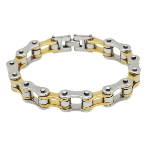 Bracelet Maille Chaine de Moto Bicolore Or et Argent - Gourmette Homme Biker Motard Acier Inoxydable 21cm
