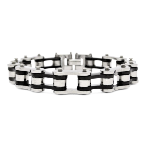 Bracelet Chaine de Moto Bicolore Noir et Argent - Gourmette Homme Biker Motard Acier Inoxydable 21cm