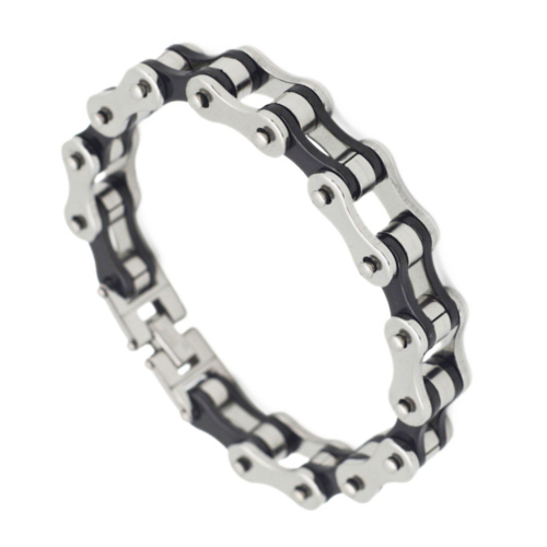 Bracelet Chaine de Moto Bicolore Noir et Argent - Gourmette Homme Biker Motard Acier Inoxydable