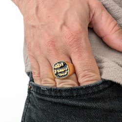 Modern and wide Allah Ring for Men in Golden Stainless Steel Ornate from the Seal of Prophet Muhammad on Black Lacquered Backgro 2