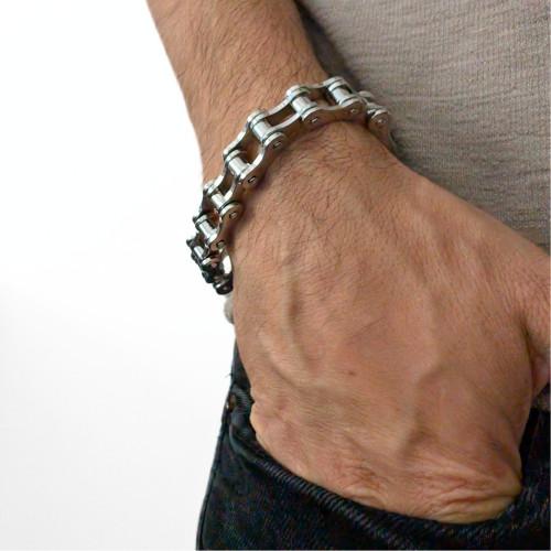 Braccialetto catena moto argento Gourmette per uomo Biker motociclista in acciaio inox 21cm