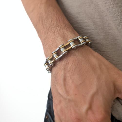 Pulsera de cadena de motocicleta Bicolor de oro para hombres Biker Acero inoxidable 21 cm
