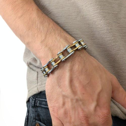 Bracelet Chaine de Moto Bicolore Or et Argent -pour Homme Biker en Acier Inoxydable 21cm