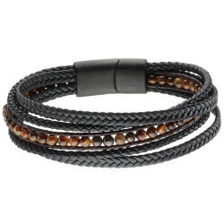 Bracelet Homme Cinq Rangs Cuir et Pierres Oeil de Tigre Perles Naturelles et Fermoir Acier Noir à Graver
