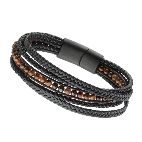 Bracelet Homme Cinq Rangs Cuir et Pierres Oeil de Tigre Perles Naturelles et Fermoir Acier Magnétique Noir à Graver