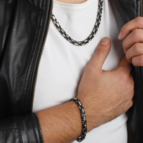 Pulsera de cadena de fin dedname hombre de acero negro Malla de 8mm Royal Byzantine Hip Hop