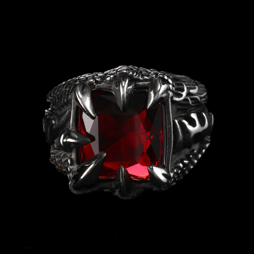 Men's steel ring signet ring dragon claw red stone biker