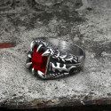 Bague anneau chevalière homme acier griffe dragon et pierre rouge biker