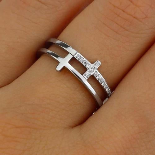 Ringring für Frauen Edelstahl Silber Doppelkreuz Zirkons