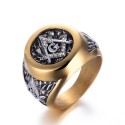 Anillo de sello para hombre en acero y baño de oro Francmasonería