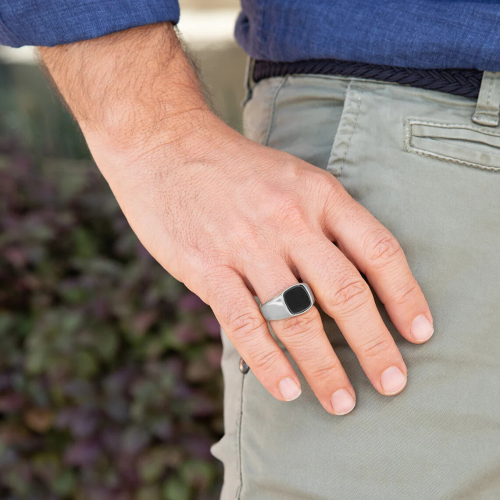 Anillo de sello para hombre acero inoxidable plata ónix negro cabujón