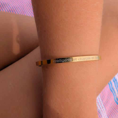 Bracelet Jonc Femme Ado Acier Inoxydable Doré - Gravé Réf Intelligente et Chargée en Bas Bilouki