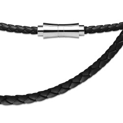 CHAINE COLLIER CORDON HOMME FEMME CUIR TRESSE & FERMOIR ACIER AIMANTE NOIR PAS CHER NEUF 9021