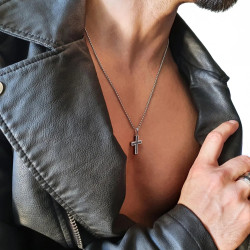 Men's Necklace Men Carbon Cross and Steel Color Choice Silver or Gold