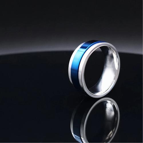 Bague pour Homme Acier Inoxydable Bleu Bords Couleur Argent - Anneau Anti-Stress Rotatif Spin