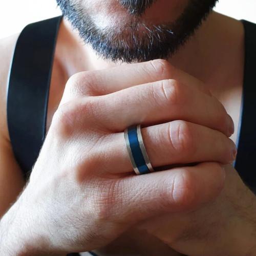 Blue Stainless Steel Men's Ring Silver Color Edges - Spin Rotary Stress Ring