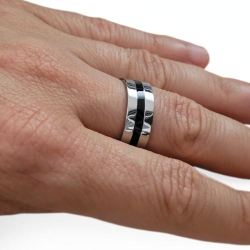 Bague Anneau pour Homme Acier Inoxydable Bicolore Bande Centrale Noire