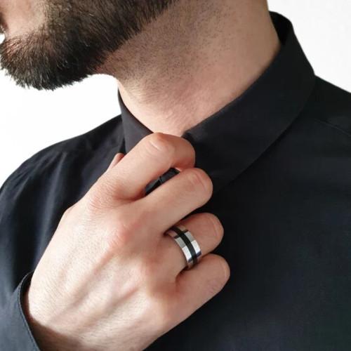 Alliance Anneau Homme Acier Inoxydable Bicolore Bande Centrale Noire