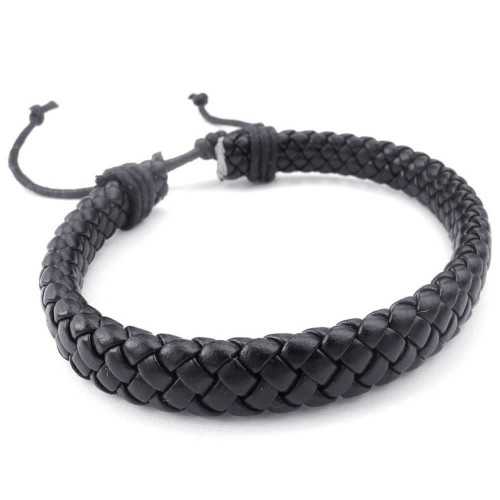 Bracciale donna uomo regolabile in pelle nera intrecciata da 18 a 23 cm