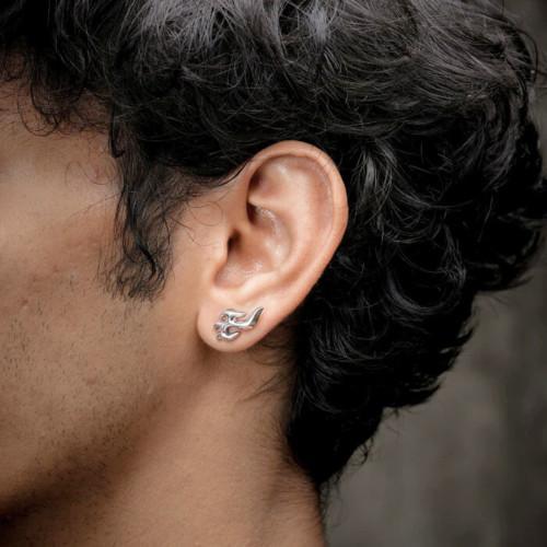 Flame-shaped man earrings and rod clasp stroller stainless steel silver