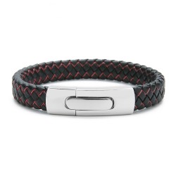 Bracelet homme cuir tressé et fermoir pression acier inox fils rouge