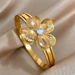 Fleur Flower Strap con circón para mujer en manguito minimalista de oro de acero inoxidable