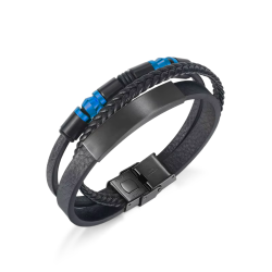 Bracciale in pelle intrecciata e piatta che mostra la chiusura magnetica, la piastra di masterizzazione e i cilindri in acciaio 