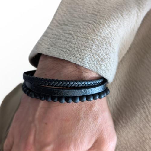 Multi-Rang-Mann-Armband echte schwarze Perlen und anpassbare Stahlverschluss