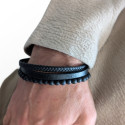 Men's Bracelet Multi-Rangs Genuine Leather Black Beads and Clasp Steel Customizable