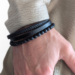 Bracelet homme multi rangs cuir véritable perles noires fermoir acier