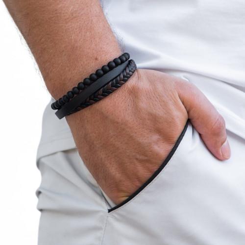 Multi Range Multi Range Echtes Lederarmband Braun und Schwarz - Schwarzer Perlen und anpassbare Stahlverschluss