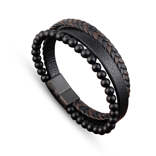 Multi-Row Herren Armband Echtes braunes Leder und schwarze Perlen und anpassbare schwarze Stahlverschluss