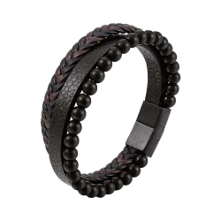 Multi-Row Herren Armband Echtes braunes Leder und schwarz - schwarze Perlen und anpassbare Stahlverschluss