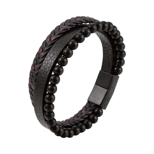 Bracelet Homme Multi-Rangs Cuir Véritable Marron et Noir – Perles Noires et Fermoir Acier Personnalisable