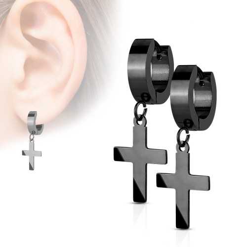 Earrings with Cross Pendant for Men in Black Color Stainless Steel