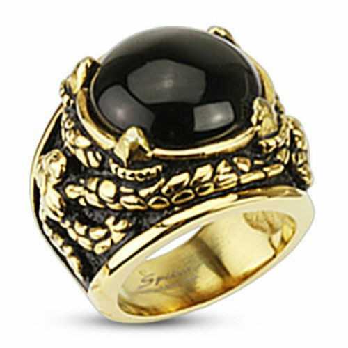 Bague homme acier plaqué or et oeil onyx noir griffes dragon venom