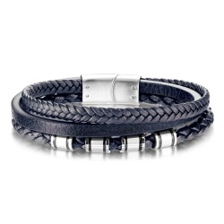 Bracelet homme cuir bleu tressé triple liens et fermoir acier aimanté