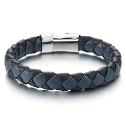 Bracelet homme cuir bleu noir tressé et fermoir acier magnétique