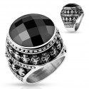 Bague chevalière homme acier pierre noire couronne de crânes biker