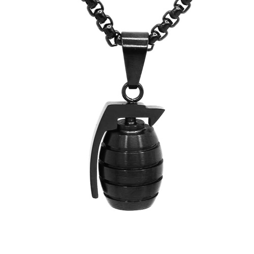Men's black plated steel military grenade pendant and 1 ball chain