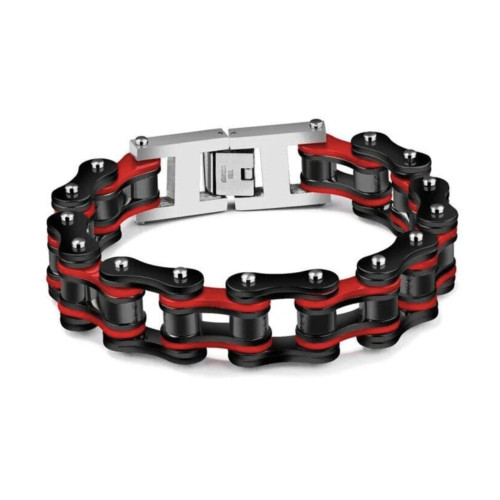 Bracelet gourmette homme rouge et noir en acier inoxydable 22cm XXL, style motard biker rock