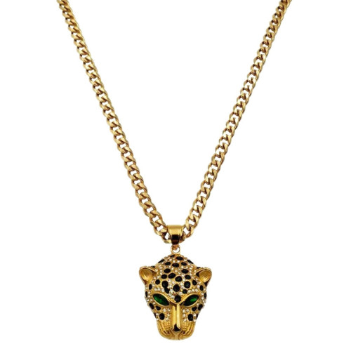 Men's pendant necklace leopard head green eyes hip-hop golden steel fine gold