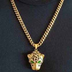 Collier pendentif homme tête de léopard yeux vert hip-hop acier doré or fin